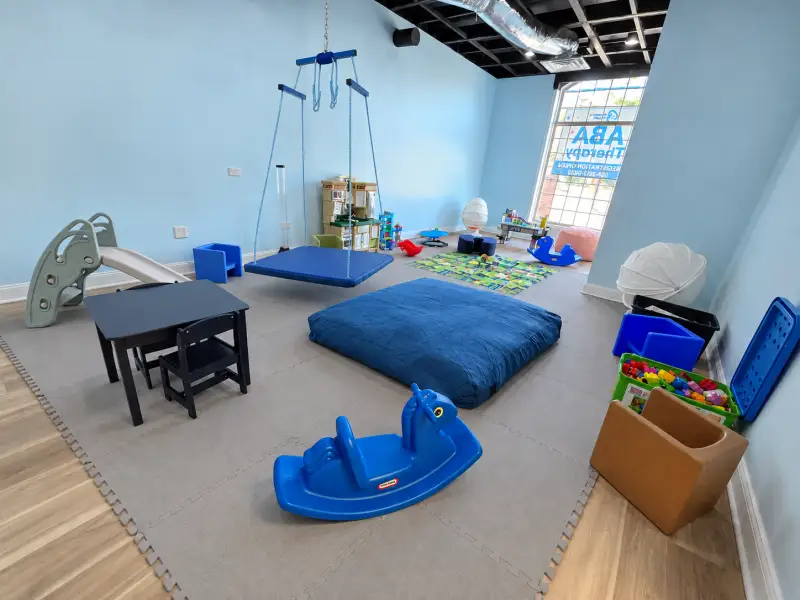 Sensory gym with swing, slide and crash mat at Blooming Hearts ABA