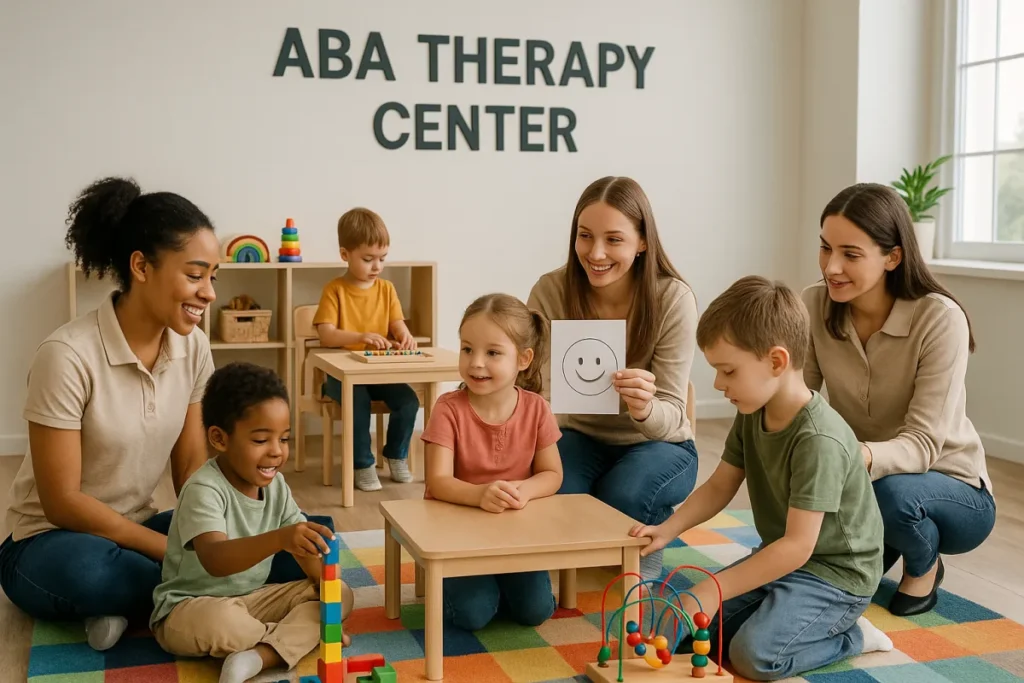 Illustration of children and therapists in a play-based session at Blooming Hearts ABA Therapy Center
